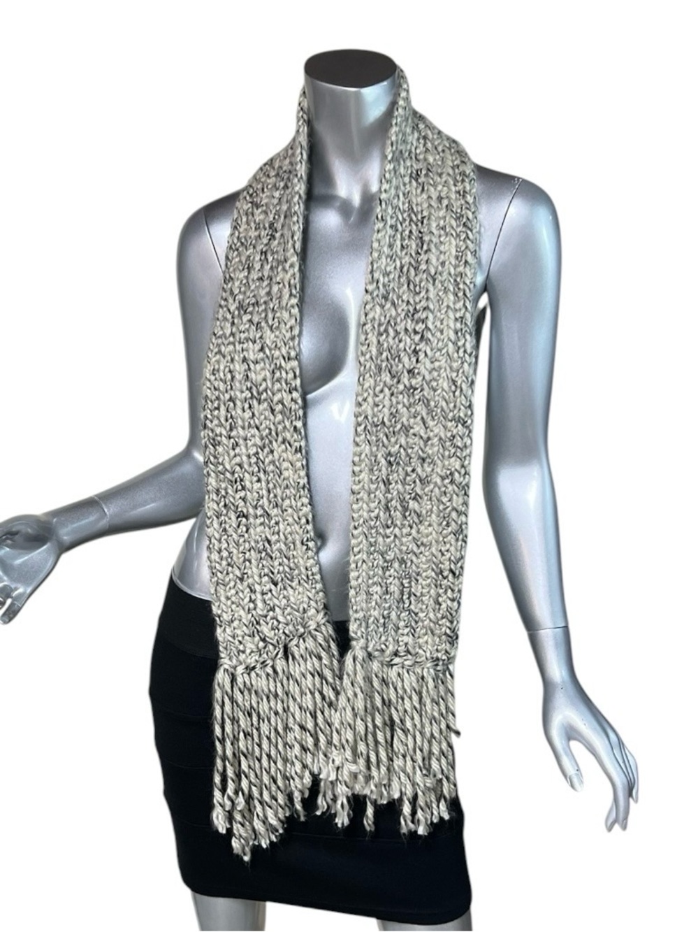 Soft Hand Knit Winter Scarf With Fringe Neutral Beige Grey 70”x4.5”